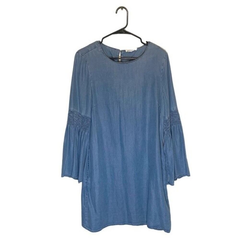 Beach Lunch Lounge Chambray Dress Medium Bell Sleeve Mini Blue
